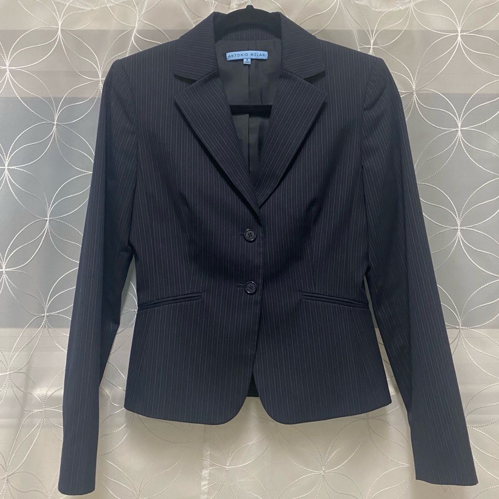 Antonio Melani Suit Jacket Black Gray Pinstripe Collared Two Button Front Size 4